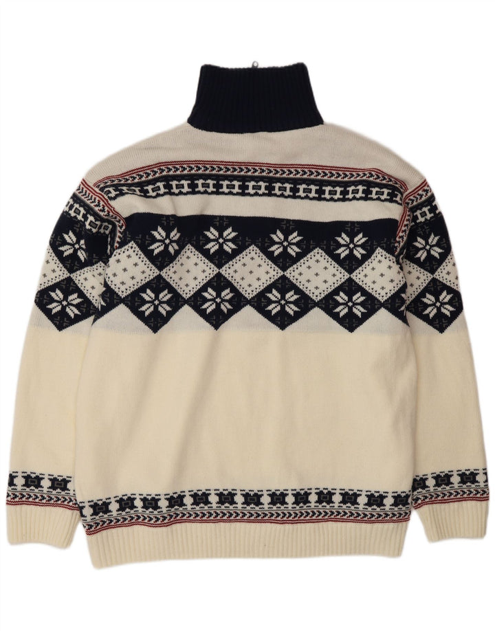 Maglione vintage da uomo con zip e collo, grande, in poliacrilico bianco Fair Isle