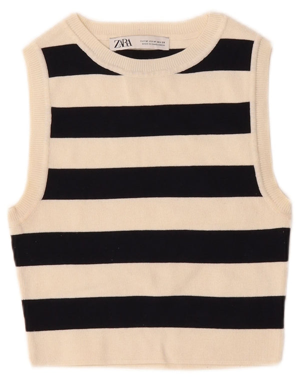 Top corto senza maniche da donna Zara UK 12 Viscosa a righe bianche medie