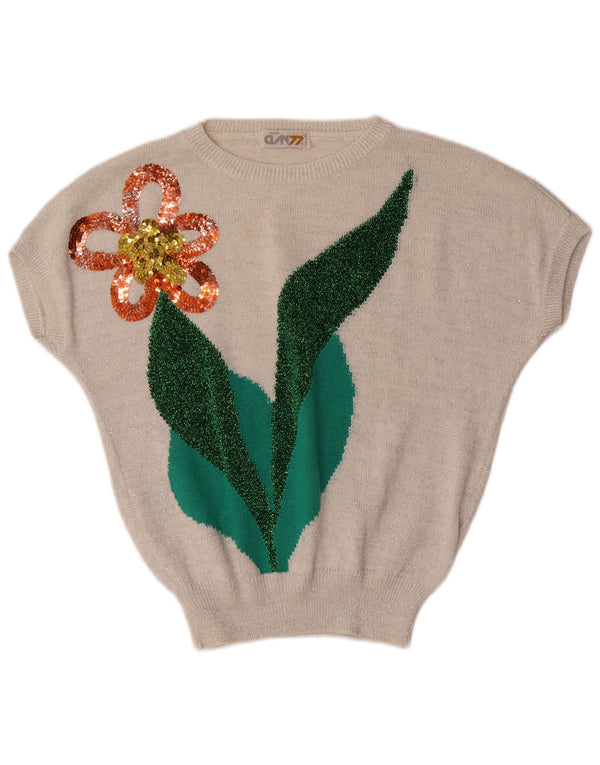 Maglione maglione con scollo a barca da donna VINTAGE UK 16 grande floreale bianco sporco