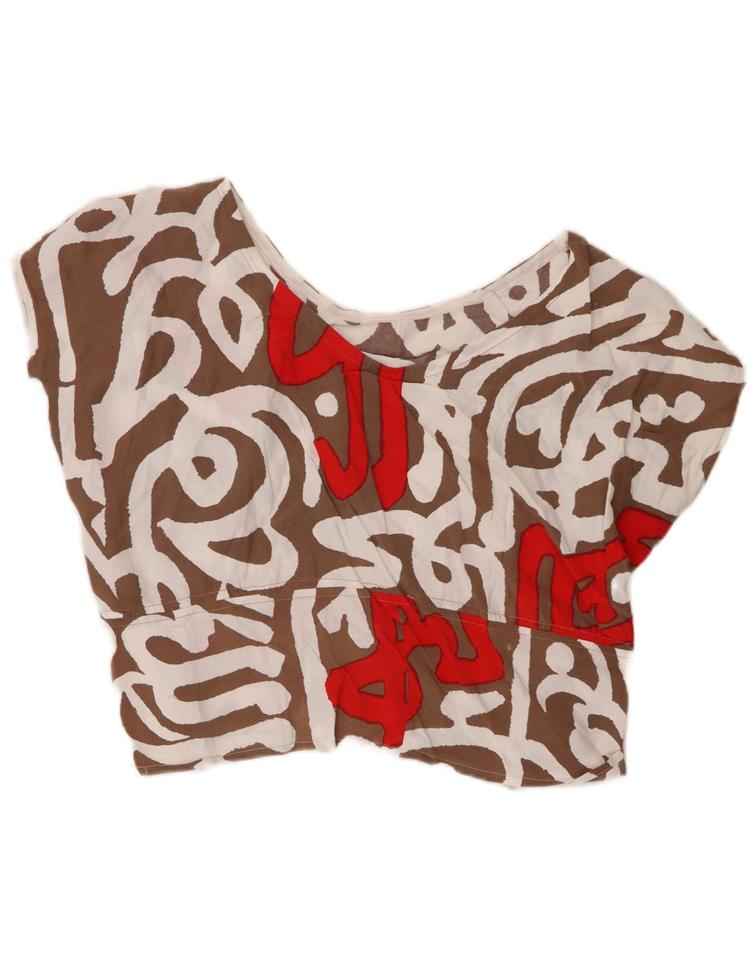 Top corto da donna vintage in camicetta UK 16 grande marrone geometrico