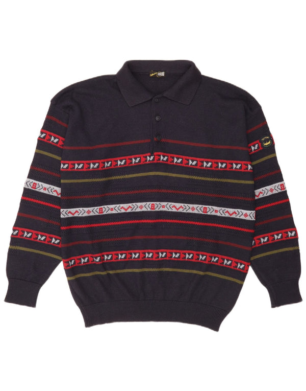 Maglione vintage da uomo con collo polo XL in lana a righe blu navy