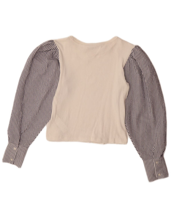 ZARA Camicetta a Maniche Lunghe da Donna Crop Top UK 12 Medio Bianco Gessato