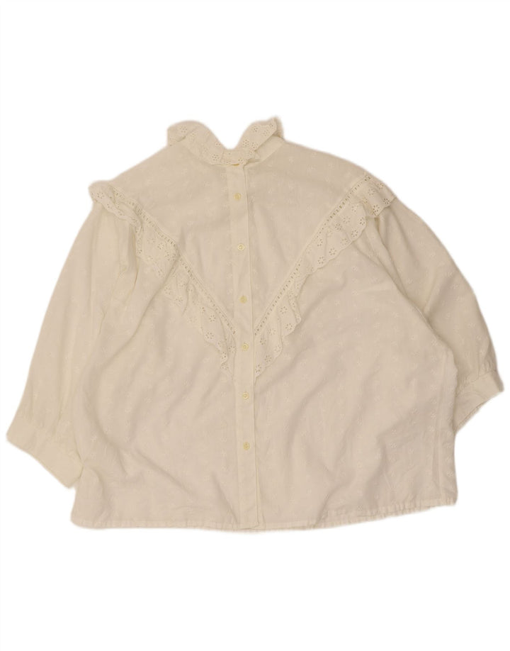 Top camicetta vintage da donna con maniche a 3/4 con volant sul davanti UK 20 2XL Bianco