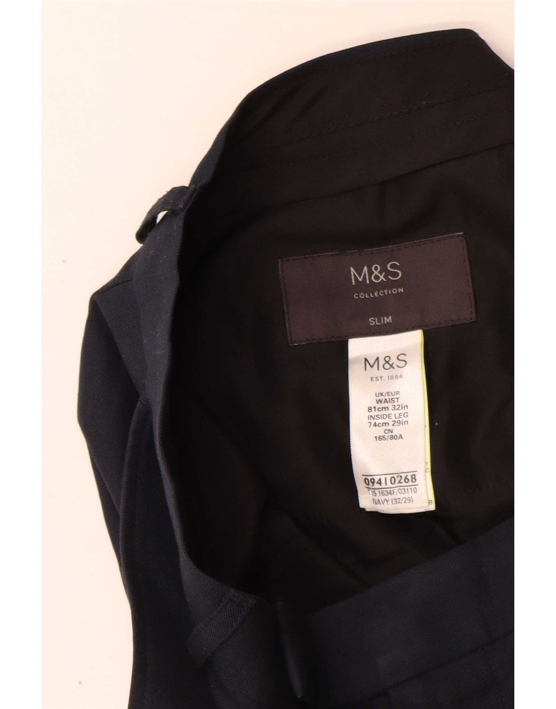 Pantaloni da abito slim da uomo Marks & Spencer W32 L29 poliestere blu navy
