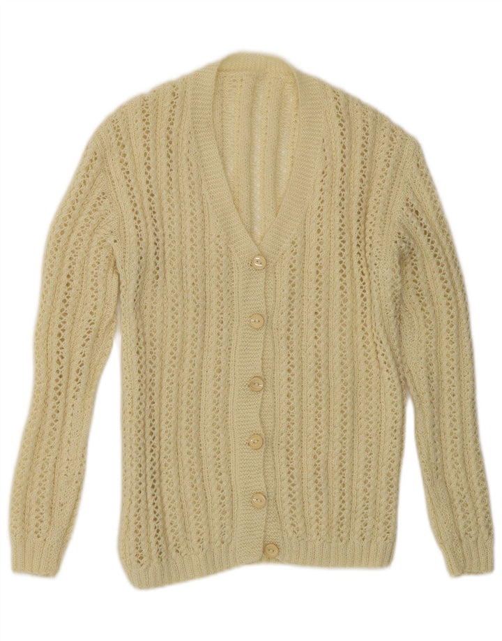 Maglione cardigan all'uncinetto da donna vintage UK 14 medio bianco sporco