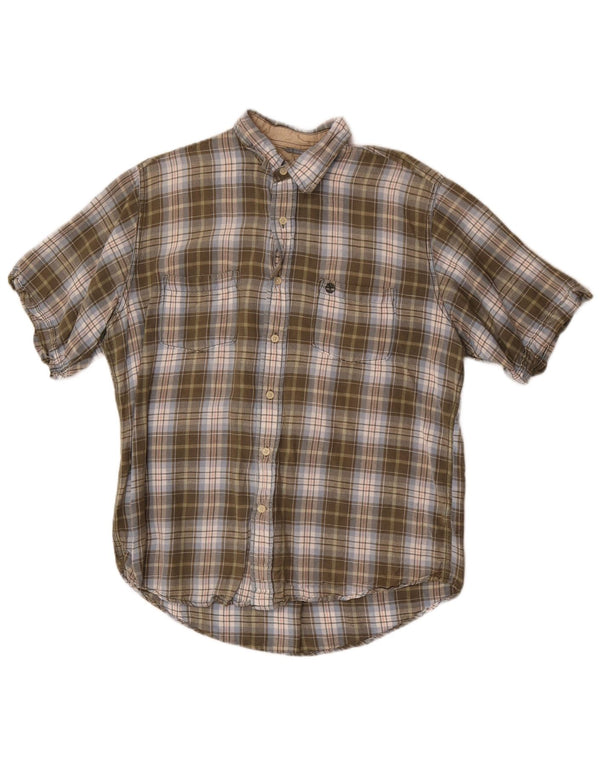 Timberland Mens Short Sleeve Shirt Medium Khaki Check Linen