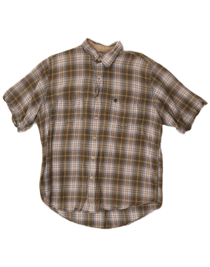 Timberland Mens Short Sleeve Shirt Medium Khaki Check Linen
