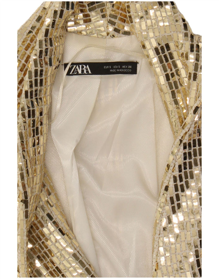 ZARA Womens 3/4 Sleeve Longline Blazer Jacket UK 10 Small Gold Nylon