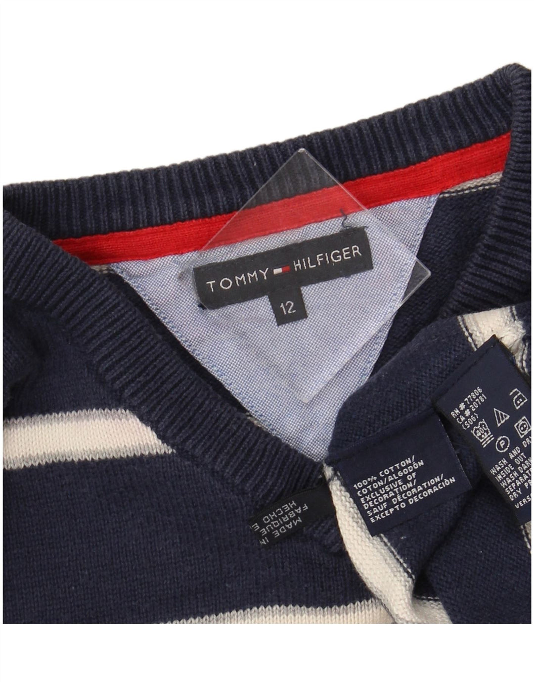 TOMMY HILFIGER Maglione maglione con scollo a V per ragazzi 11-12 anni a righe blu navy