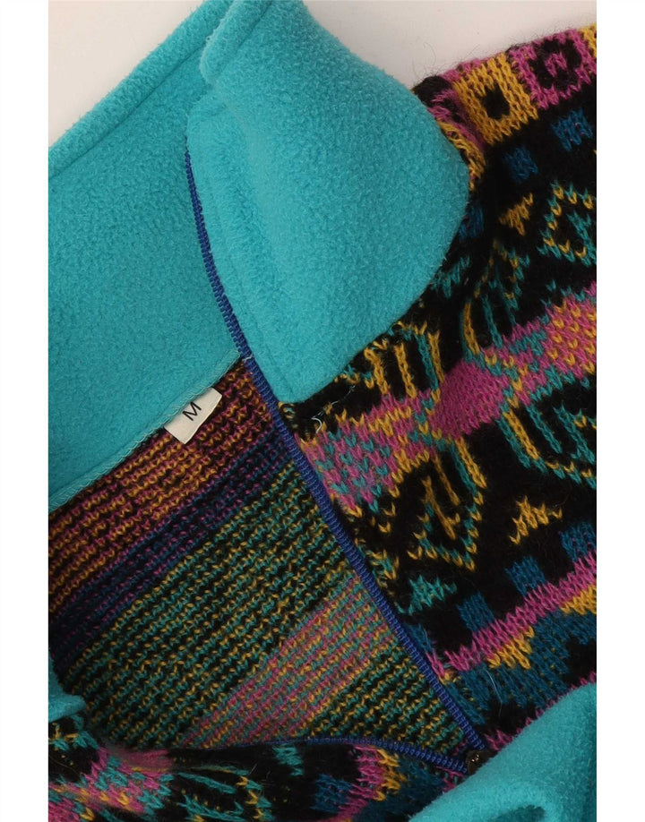 Maglione in pile vintage da uomo con zip e collo blu medio geometrico