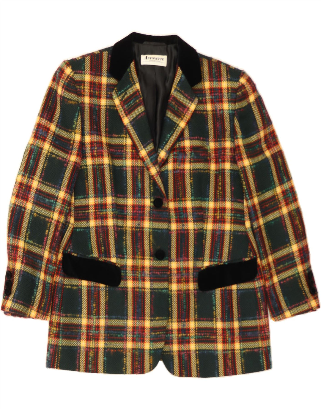 ANTONETTE Womens 2 Button Blazer Jacket IT 44 Medium Green Check Wool Vintage Antonette and Second-Hand Antonette from Messina Hembry 
