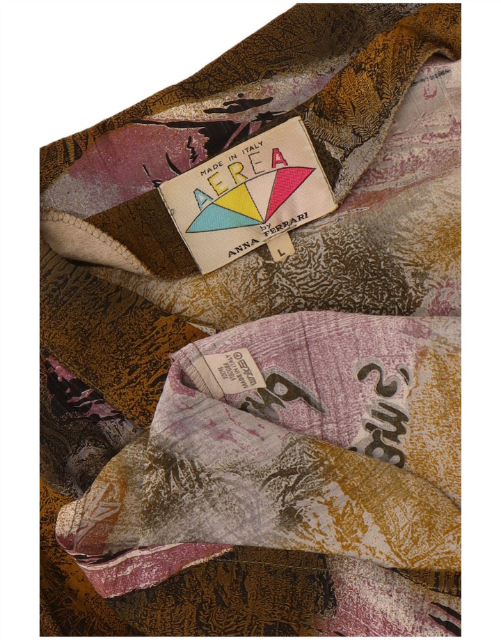 Camicetta grafica da donna vintage UK 16 grande patchwork color kaki