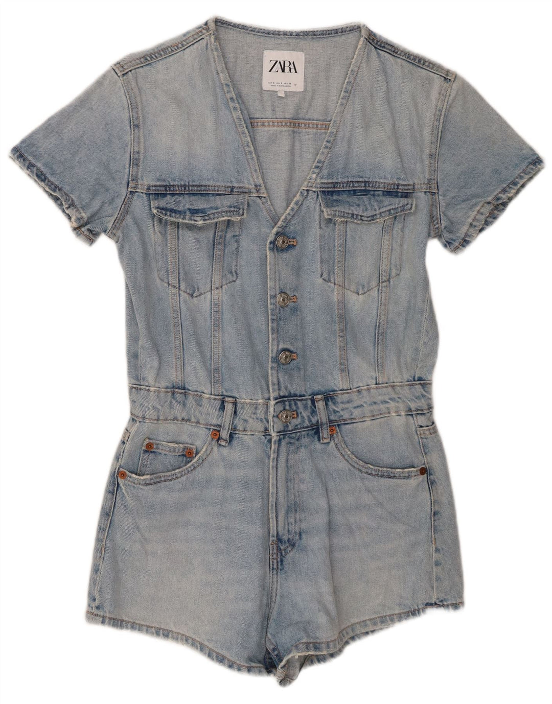Tutina corta in denim invecchiato Zara da donna UK 10 piccola in cotone blu
