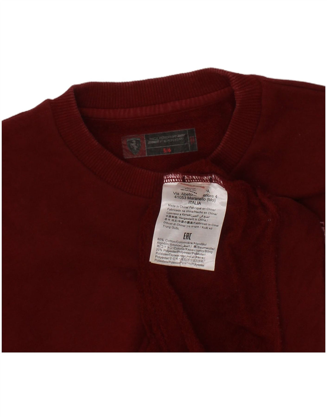 FERRARI Felpa Maglione Bambino 5-6 Anni Bordeaux Cotone