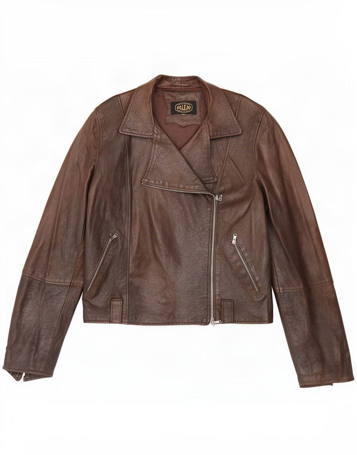 Giacca in pelle da motociclista vintage da donna UK 14 Marrone medio