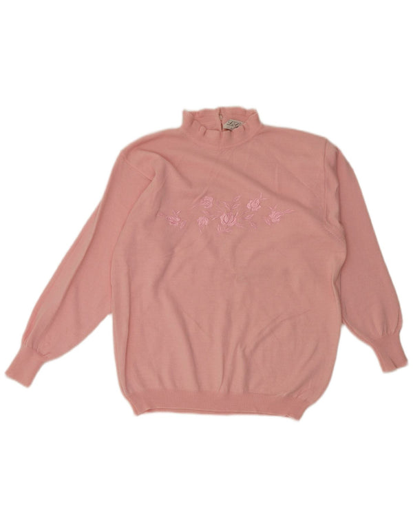 Maglione vintage da donna con collo alto e collo alto UK 12 retrò floreale rosa medio