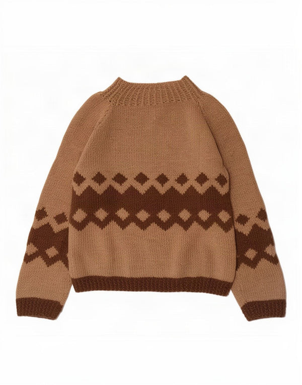 Maglione maglione collo alto da donna vintage UK 14 Marrone medio geometrico