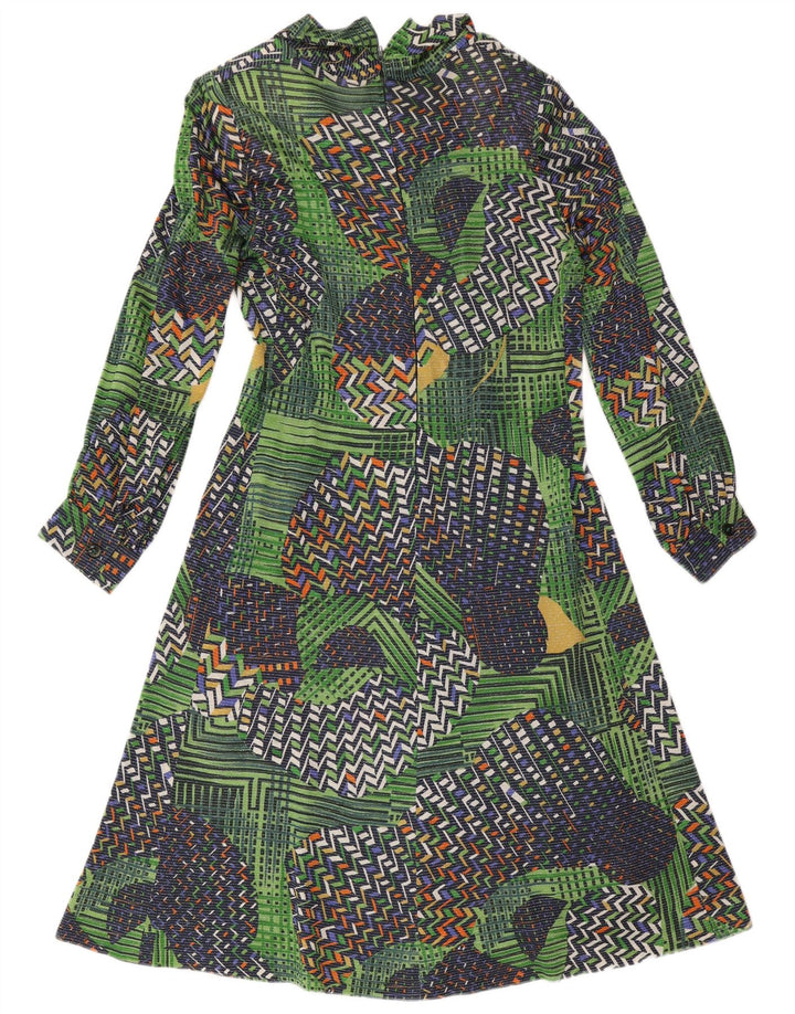 Abito a trapezio a maniche lunghe da donna vintage UK 14 Patchwork verde medio