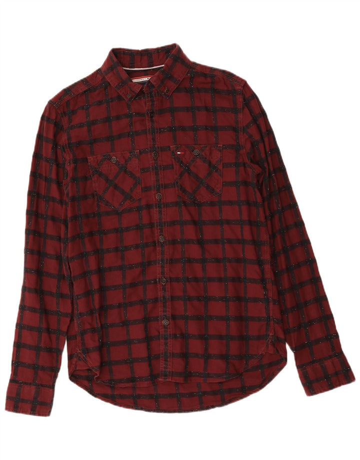 Camicia in flanella da uomo Tommy Hilfiger piccola in cotone a quadri bordeaux
