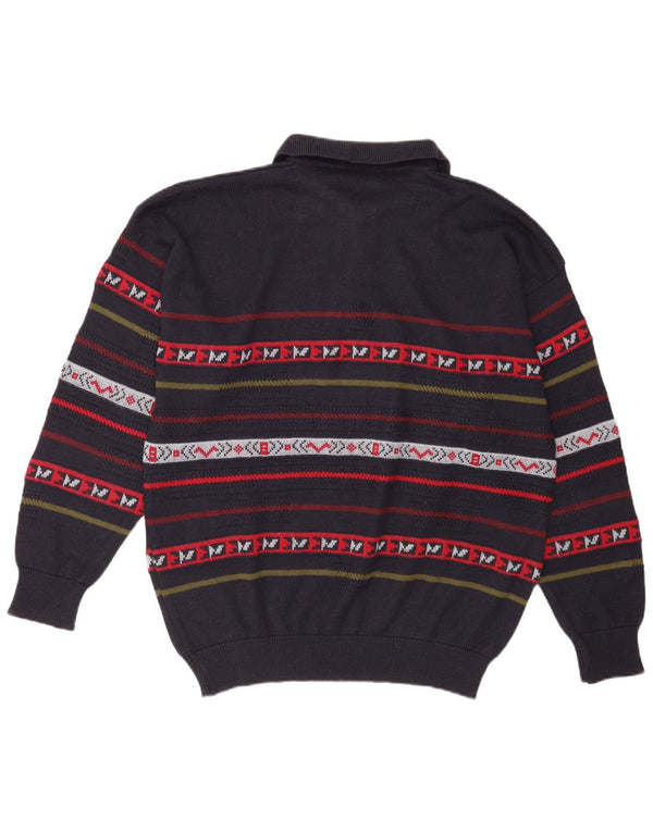 Maglione vintage da uomo con collo polo XL in lana a righe blu navy