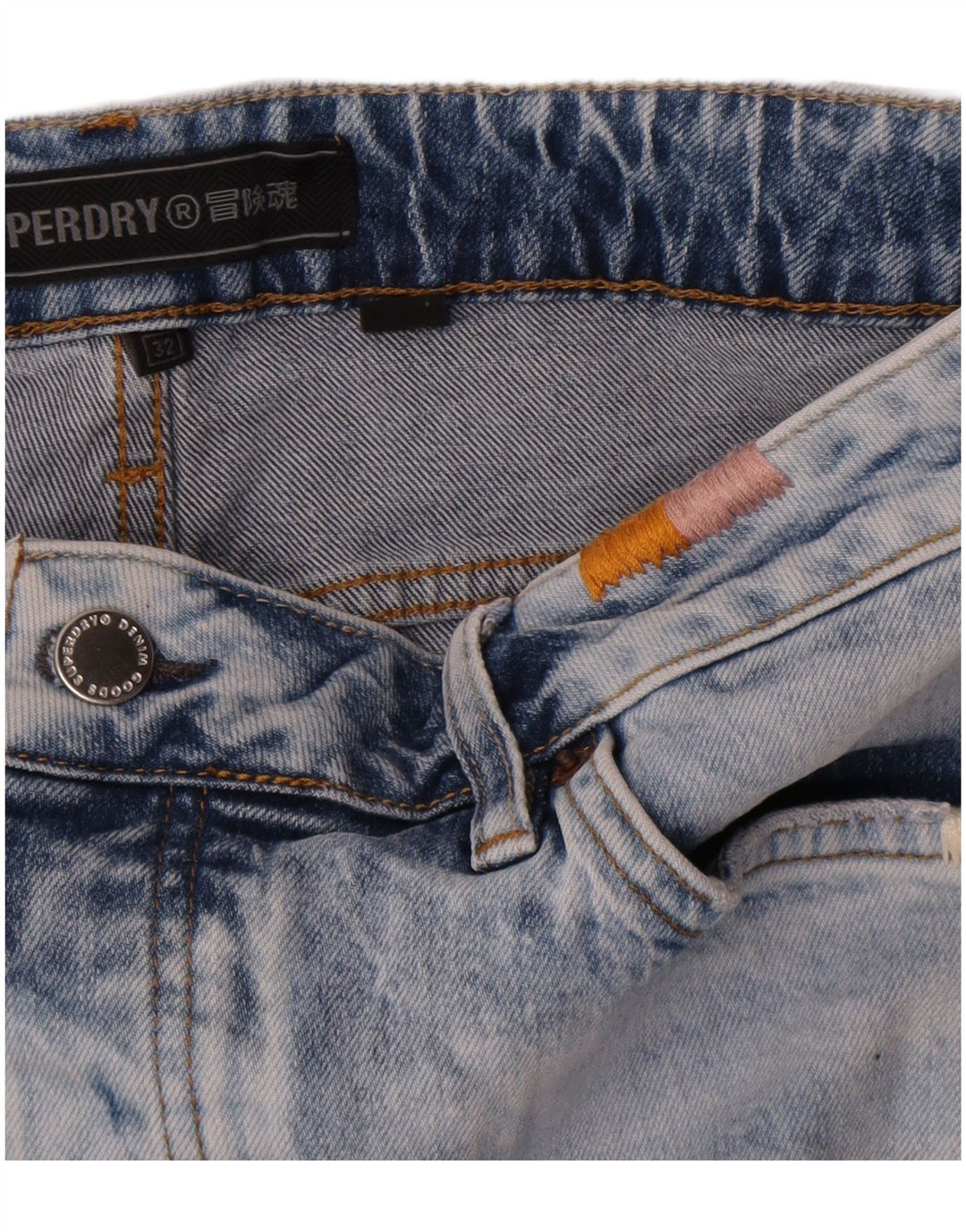 Pantaloni caldi da donna in denim invecchiato Superdry W32 grande cotone blu