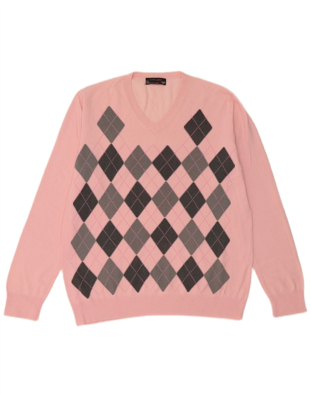 Maglione Zara da uomo con scollo a V grande rosa a rombi/cotone diamante