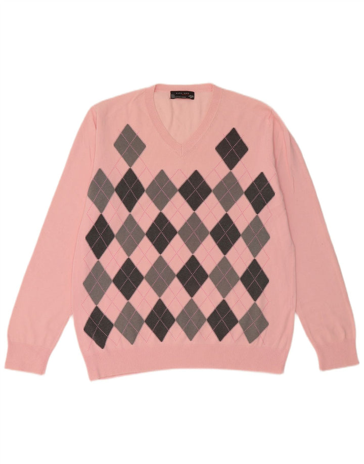 Maglione Zara da uomo con scollo a V grande rosa a rombi/cotone diamante