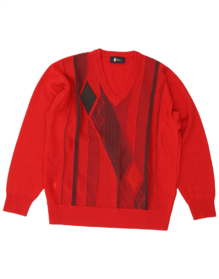 Maglione Gabicci da uomo con scollo a V in lana geometrica rosso medio