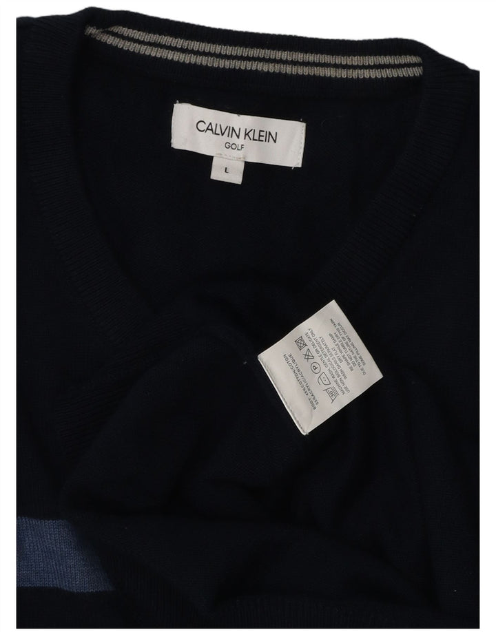 CALVIN KLEIN Mens Golf V-Neck Jumper Sweater Large Navy Blue Striped