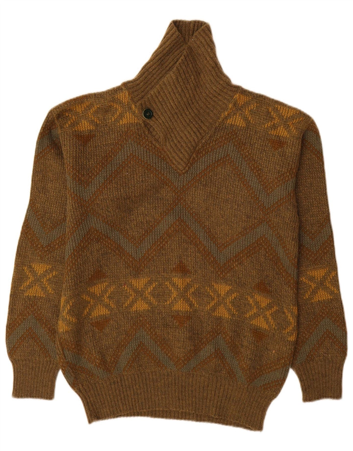 Maglione vintage da uomo con collo a scialle IT 48 medio kaki geometrico