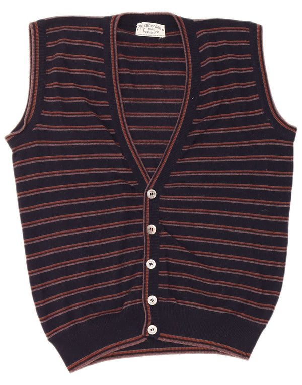 Maglione cardigan senza maniche vintage da uomo IT 52 Grande seta a righe blu navy