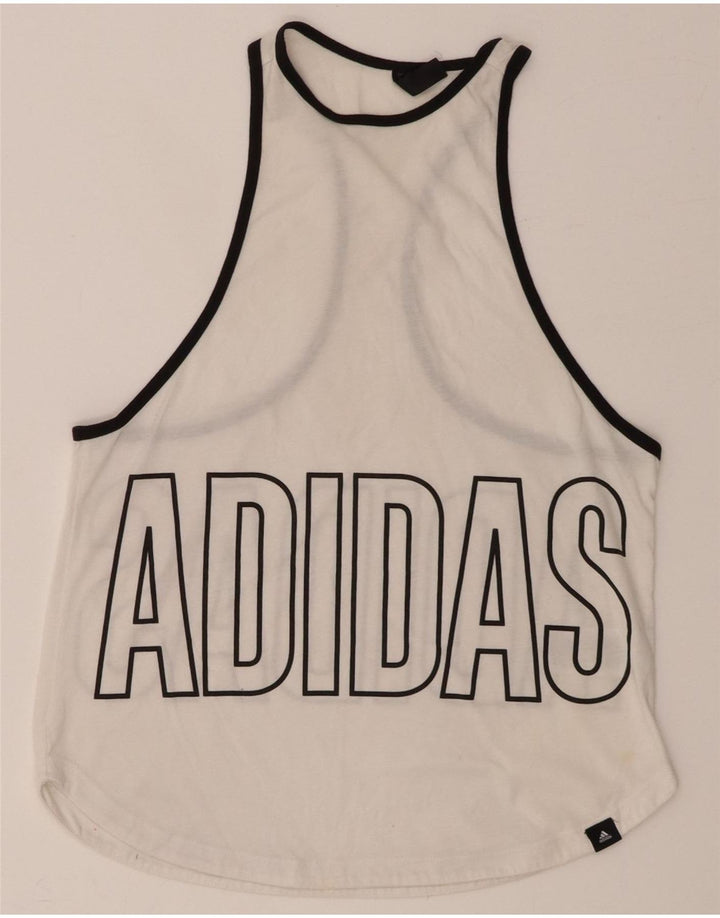 ADIDAS Womens Graphic Vest Top UK 8/10 Small White Polyester Vintage Adidas and Second-Hand Adidas from Messina Hembry 