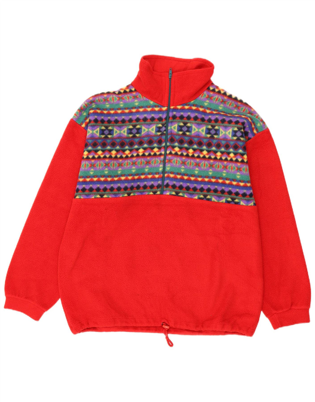 Maglione in pile vintage da uomo con zip e collo in poliestere geometrico rosso medio