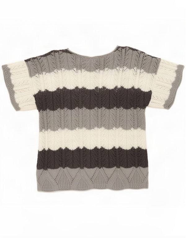 Vintage Womens Button Neck Jumper Sweater UK 16 Large Grey Striped