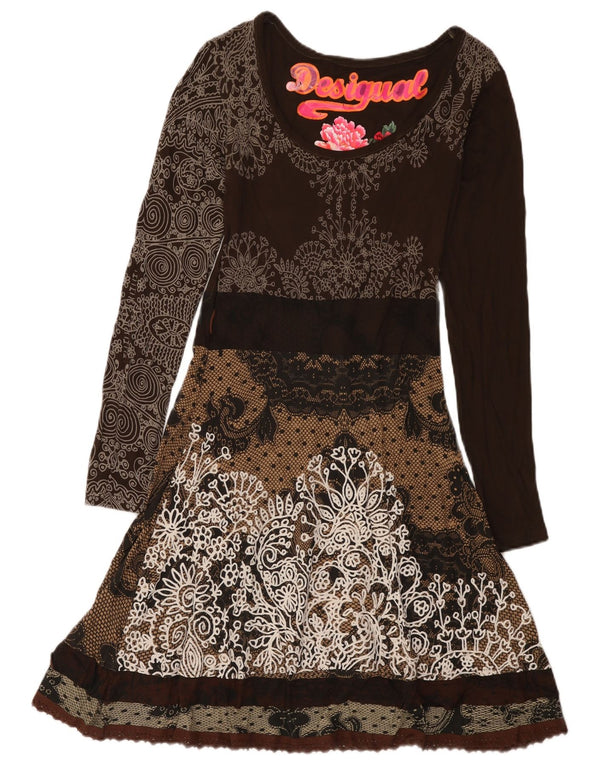 Desigual Abito da donna a maniche lunghe con grafica grafica A-Line UK 12 Marrone medio floreale