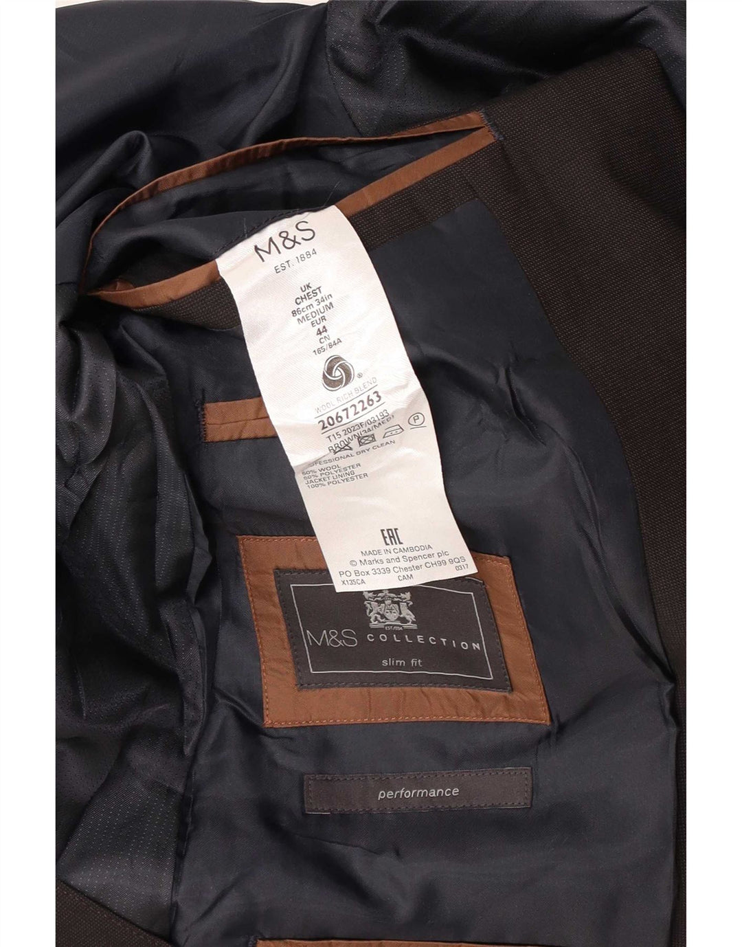 Giacca blazer slim fit da uomo Marks & Spencer a 2 bottoni UK 34 XS lana marrone