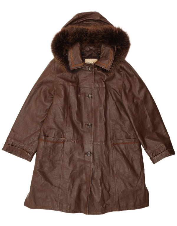 Cappotto in pelle vestibilità ampia con cappuccio da donna vintage IT 44 Pelle marrone medio