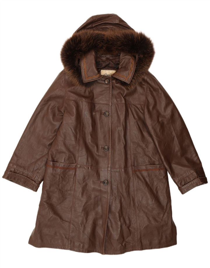 Cappotto in pelle vestibilità ampia con cappuccio da donna vintage IT 44 Pelle marrone medio