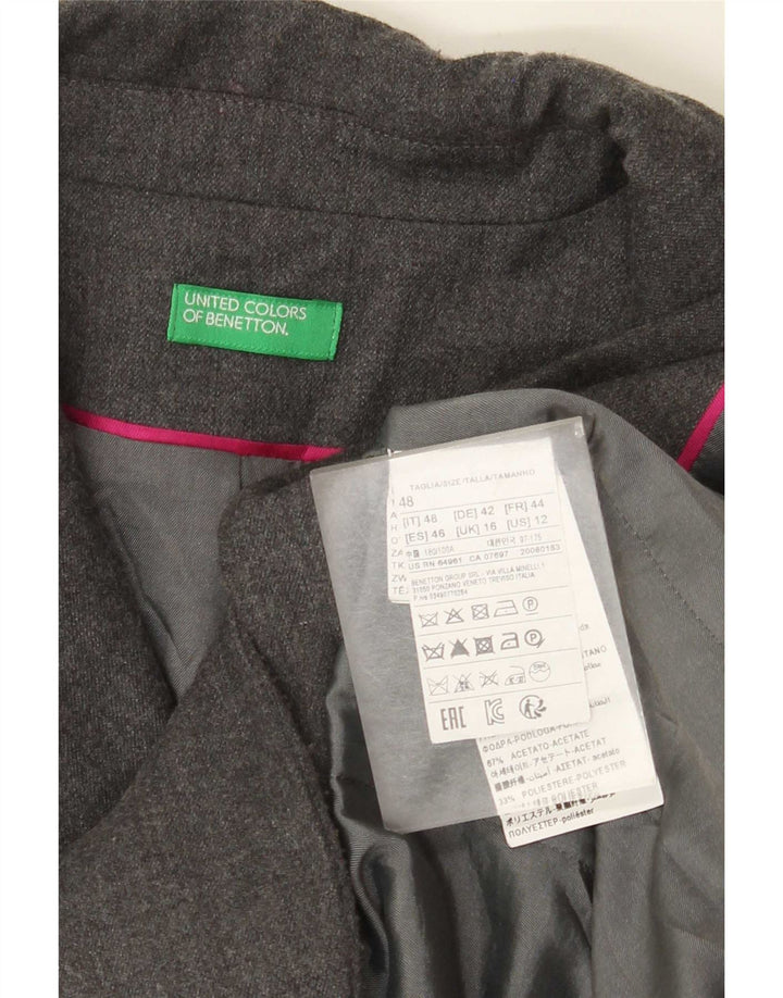 Giacca blazer da donna a 2 bottoni Benetton UK 16 grande lana grigia