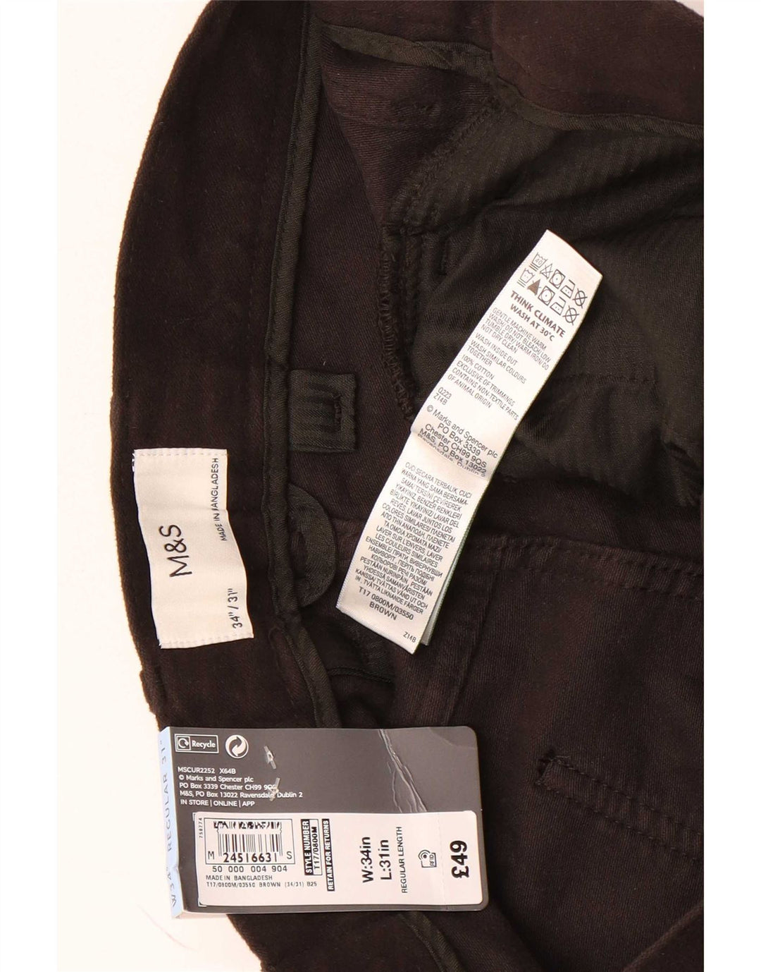 Pantaloni casual dritti vestibilità regolare da uomo Marks & Spencer W34 L31 Marrone