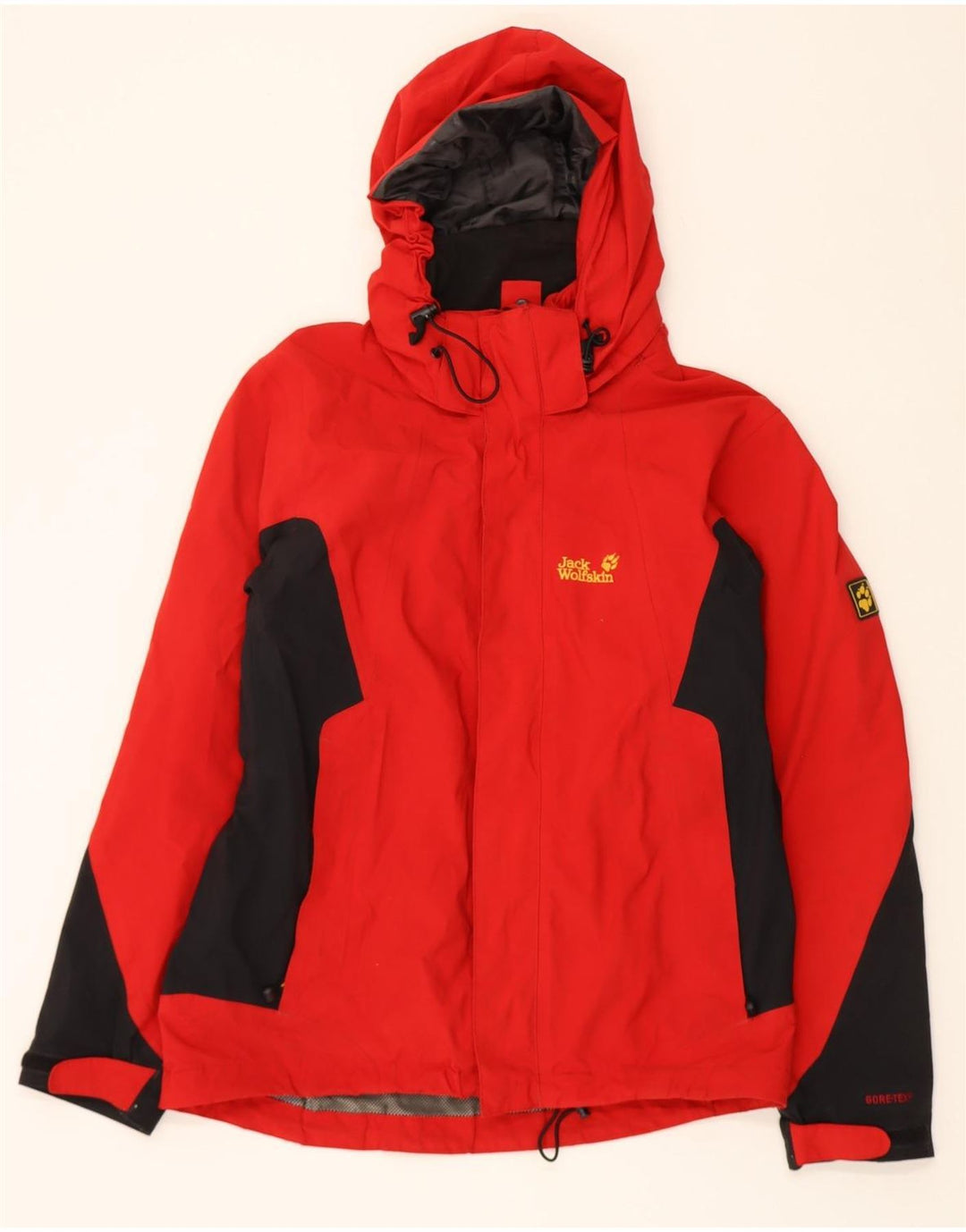 JACK WOLFSKIN Mens Hooded Windbreaker Jacket UK 34 Small Red Colourblock Vintage Jack Wolfskin and Second-Hand Jack Wolfskin from Messina Hembry 