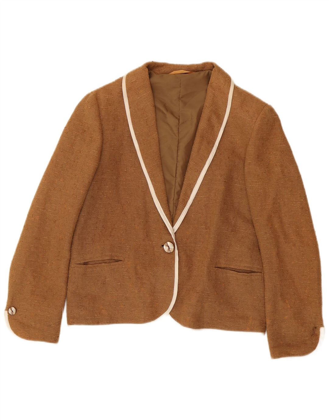 Giacca blazer vintage da donna a 1 bottone UK 14 Ramie marrone medio
