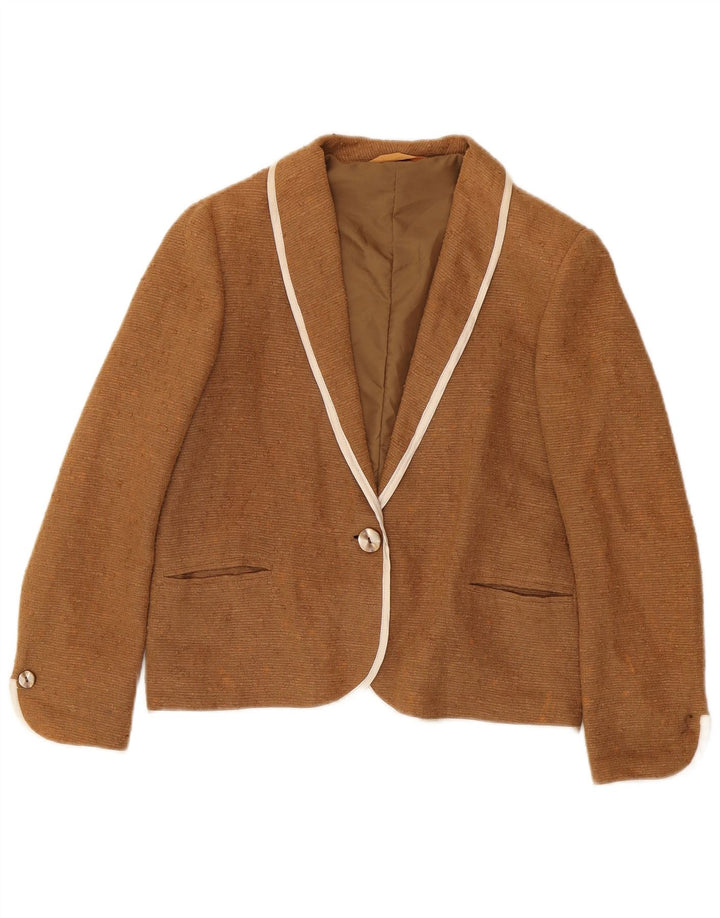 Giacca blazer vintage da donna a 1 bottone UK 14 Ramie marrone medio