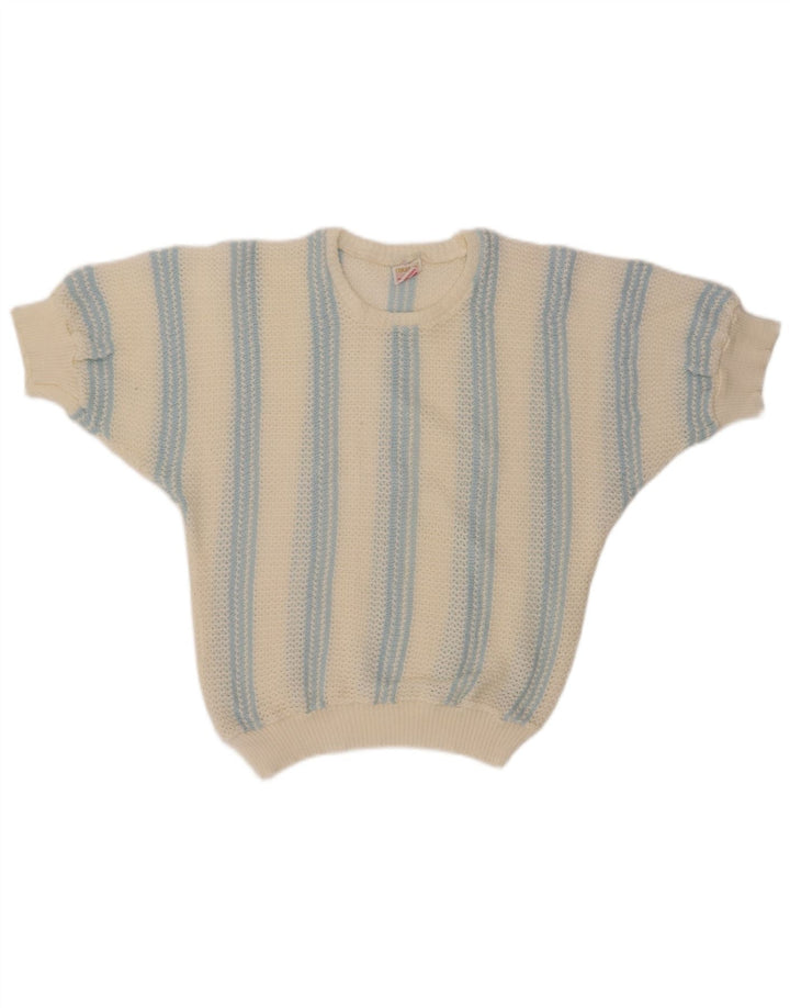 Maglione maglione con scollo a barca da donna VINTAGE UK 12 medio a righe bianco sporco