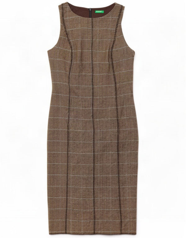 Benetton Abito tubino senza maniche da donna UK 8 Small Brown Chevron