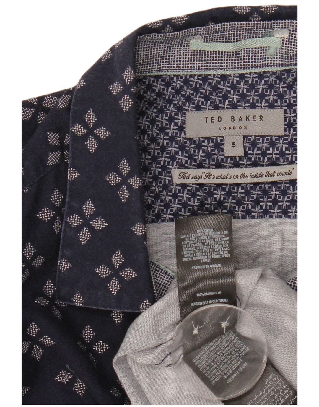 Ted Baker Camicia a maniche corte da uomo Taglia 5 XL Cotone geometrico blu navy