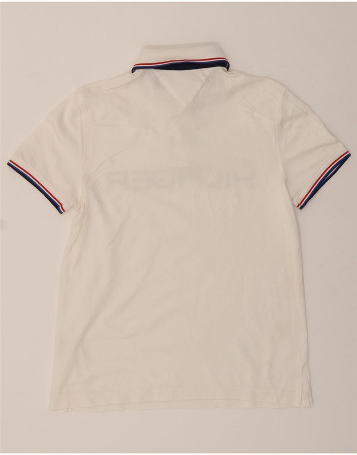 TOMMY HILFIGER Mens Graphic Polo Shirt Small White Vintage Tommy Hilfiger and Second-Hand Tommy Hilfiger from Messina Hembry 