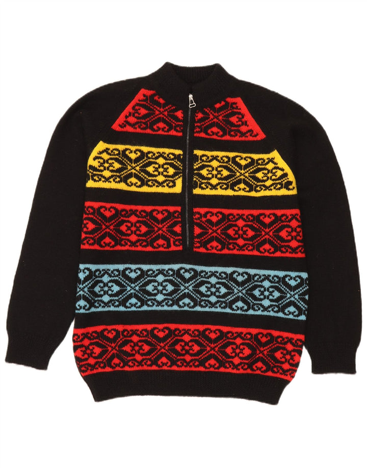 Maglione vintage da uomo con zip sul collo, medio nero, Fair Isle