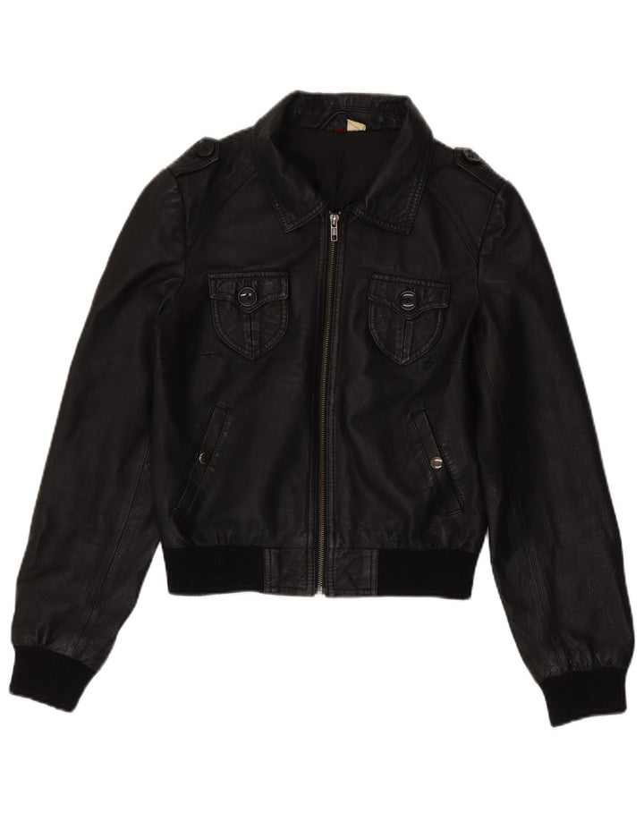 Giacca in pelle militare corta da donna H&M UK 12 pelle nera media