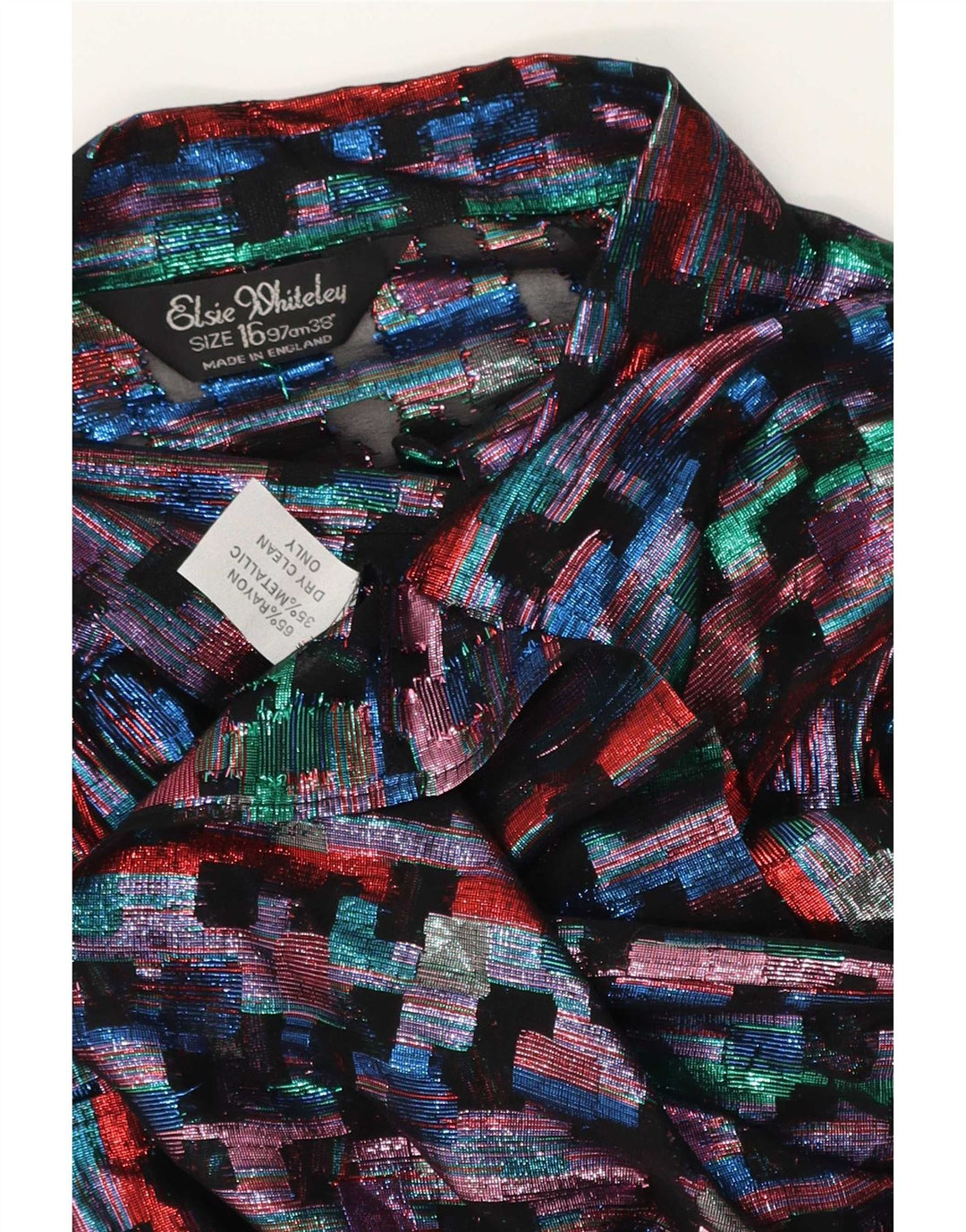 Camicetta camicia da donna Elsie Whiteley UK 16 Grande motivo geometrico multicolore
